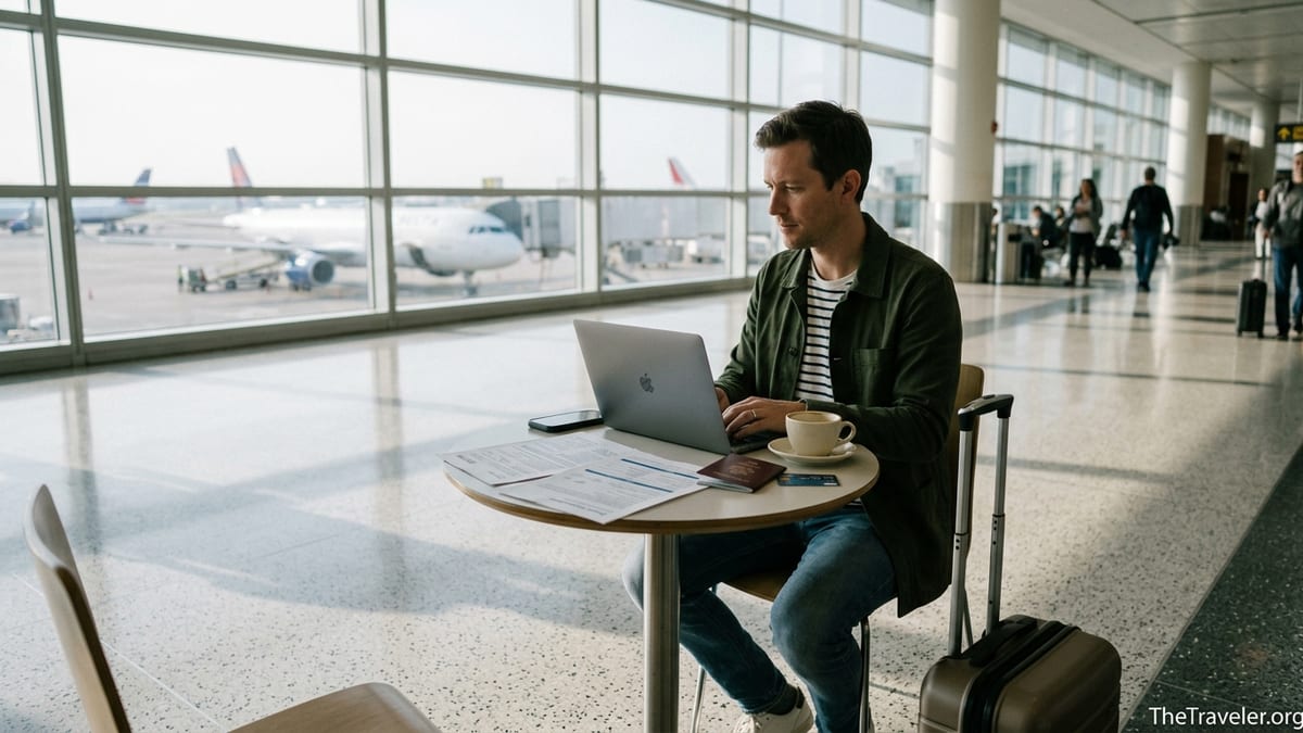 Traveler comparing travel insurance options on a laptop in a bright airport terminal