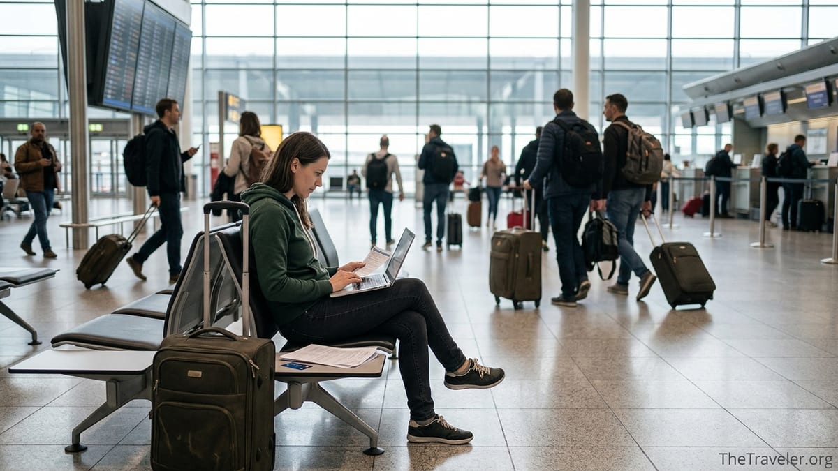 Traveler in an airport comparing travel insurance options on a laptop and papers.