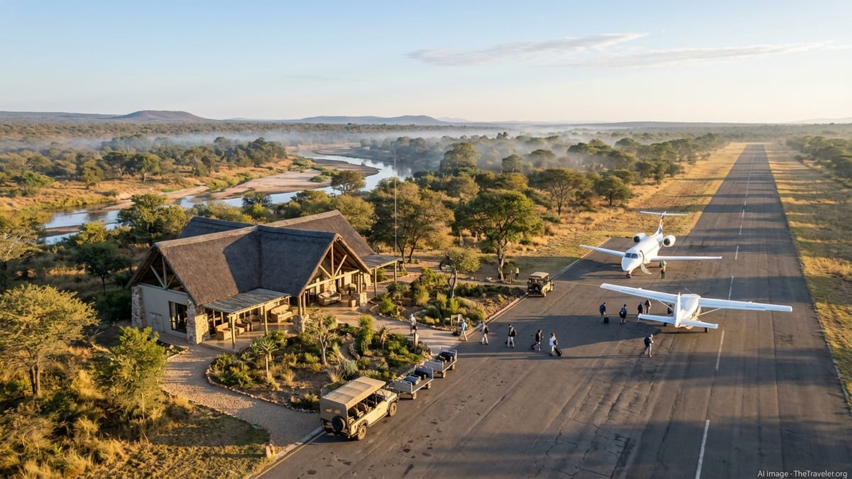 Thatched-roof Skukuza Airport terminal nestled in Kruger bushveld beside a runway at sunrise.