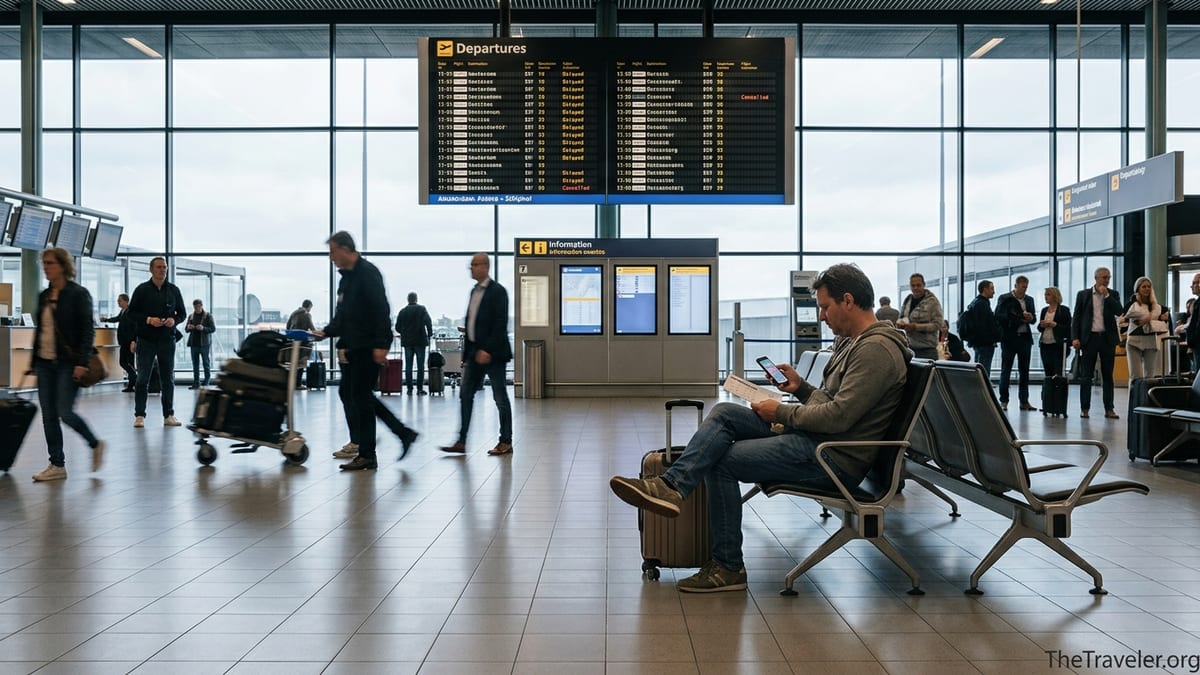 Traveler in a busy European airport checking a delayed flight on their phone.