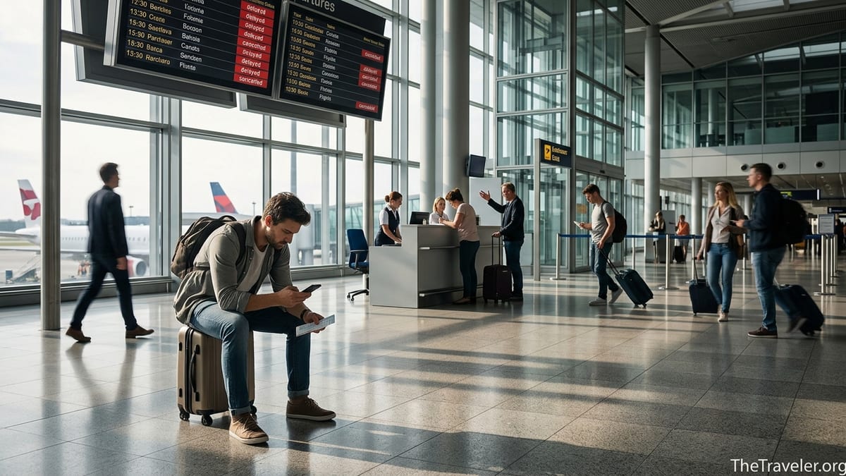 Traveler in a European airport looking at a delayed flight notice on their phone.