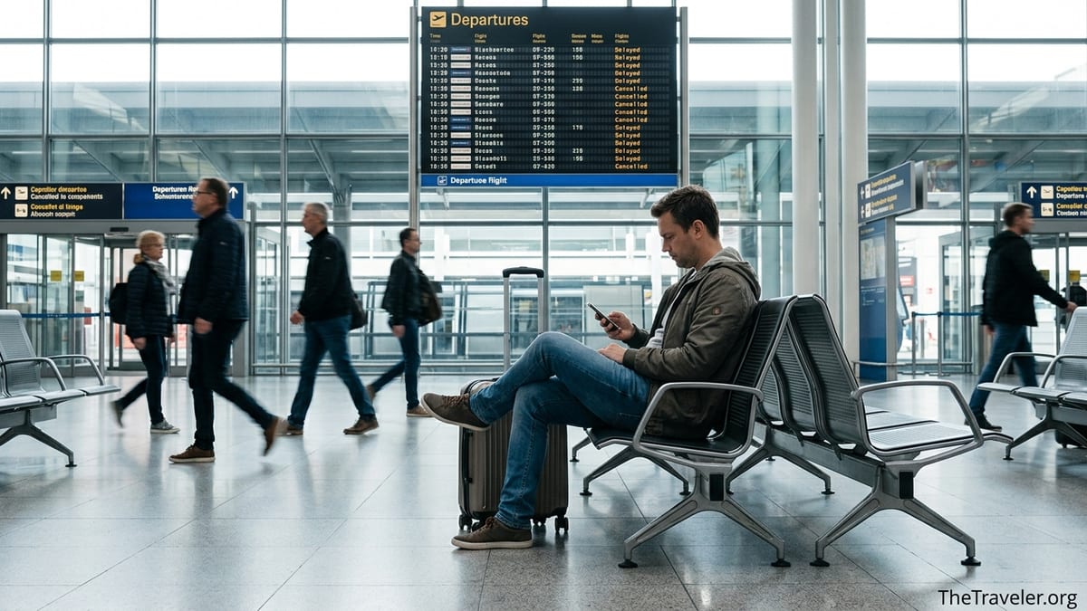 Frustrated air passenger checking delayed flight on phone in busy European airport terminal
