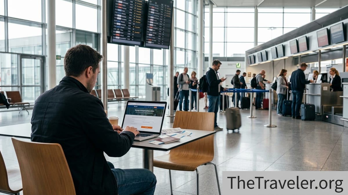 Traveler in a European airport terminal filing a flight delay claim on a laptop.