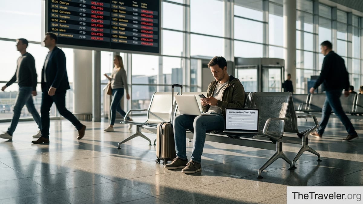 Traveler in European airport checking flight delay compensation on laptop near delayed departures board.
