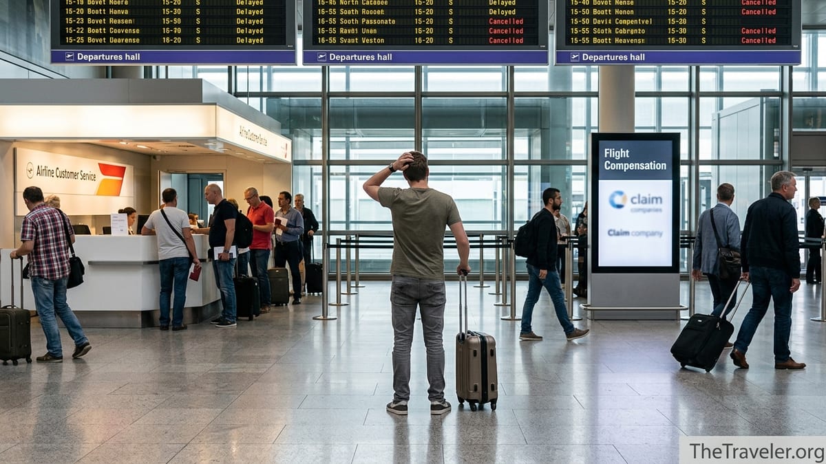 Traveler in a European airport choosing between airline desk and compensation service sign
