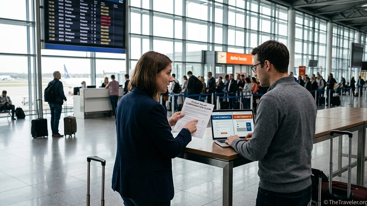 Two travelers in a European airport comparing flight compensation paperwork and laptop options.