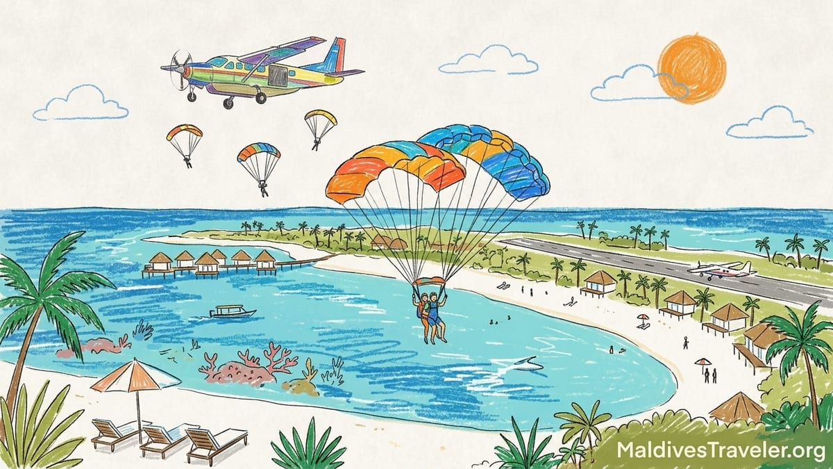 Tandem skydiver falling from a plane above turquoise reefs and islands in Raa Atoll, Maldives.