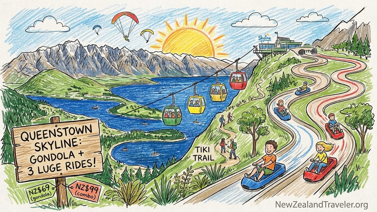 View from Skyline Queenstown showing gondola cabin, luge carts, town and Lake Wakatipu below.