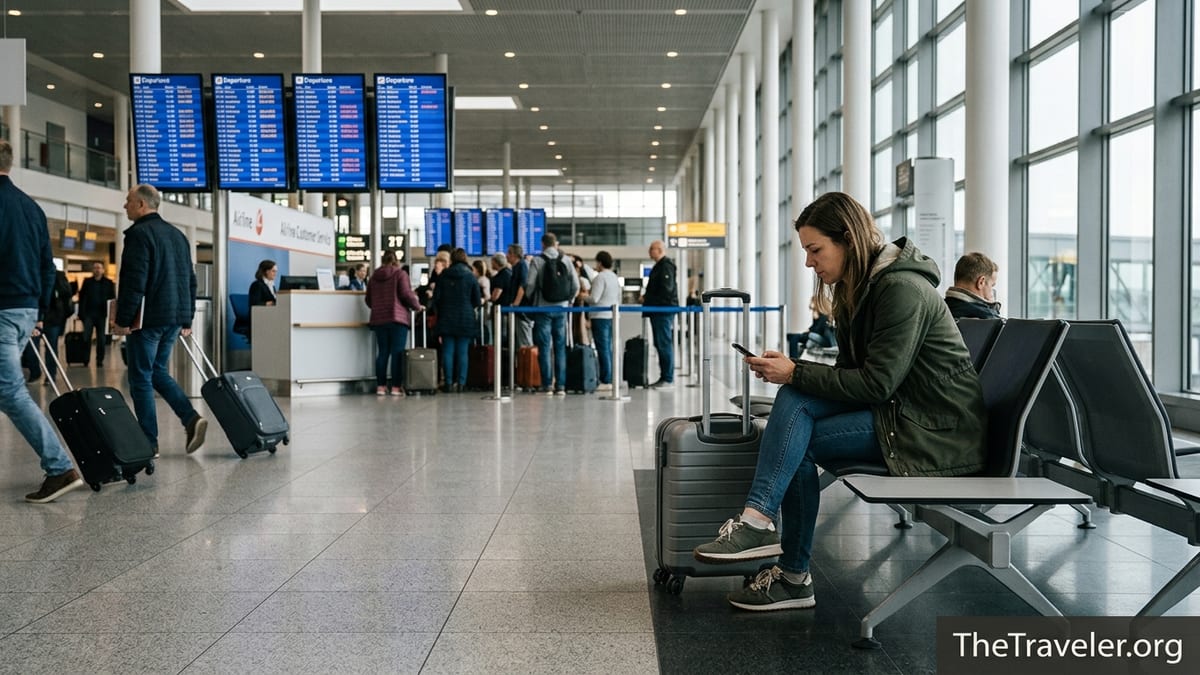 Traveler in an airport checking a flight delay compensation claim on their phone.