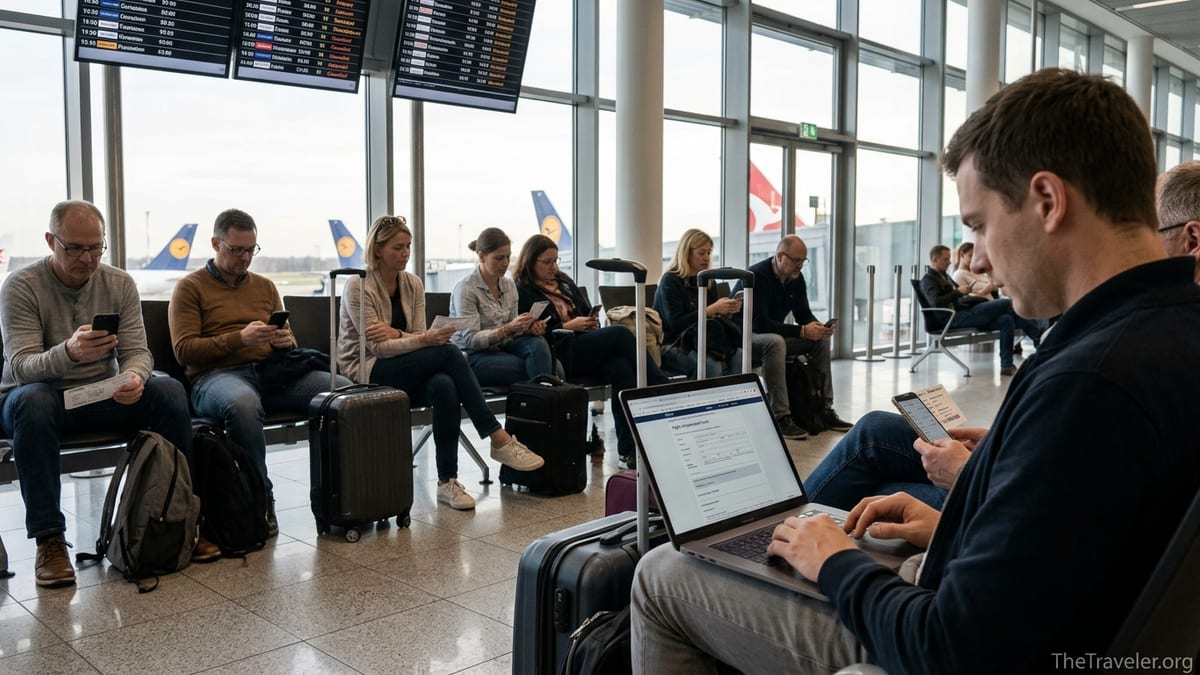 Travelers in an airport lounge checking devices after flight delays near large windows.