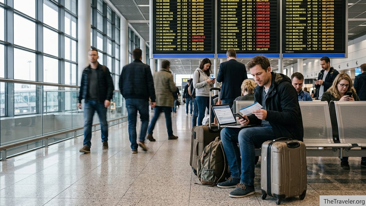 Frustrated airline passengers waiting under a departure board full of delayed flights in a modern airport terminal.
