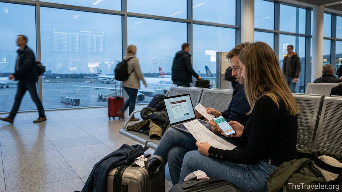 Two airline passengers in a terminal comparing flight compensation options on laptop and phone.