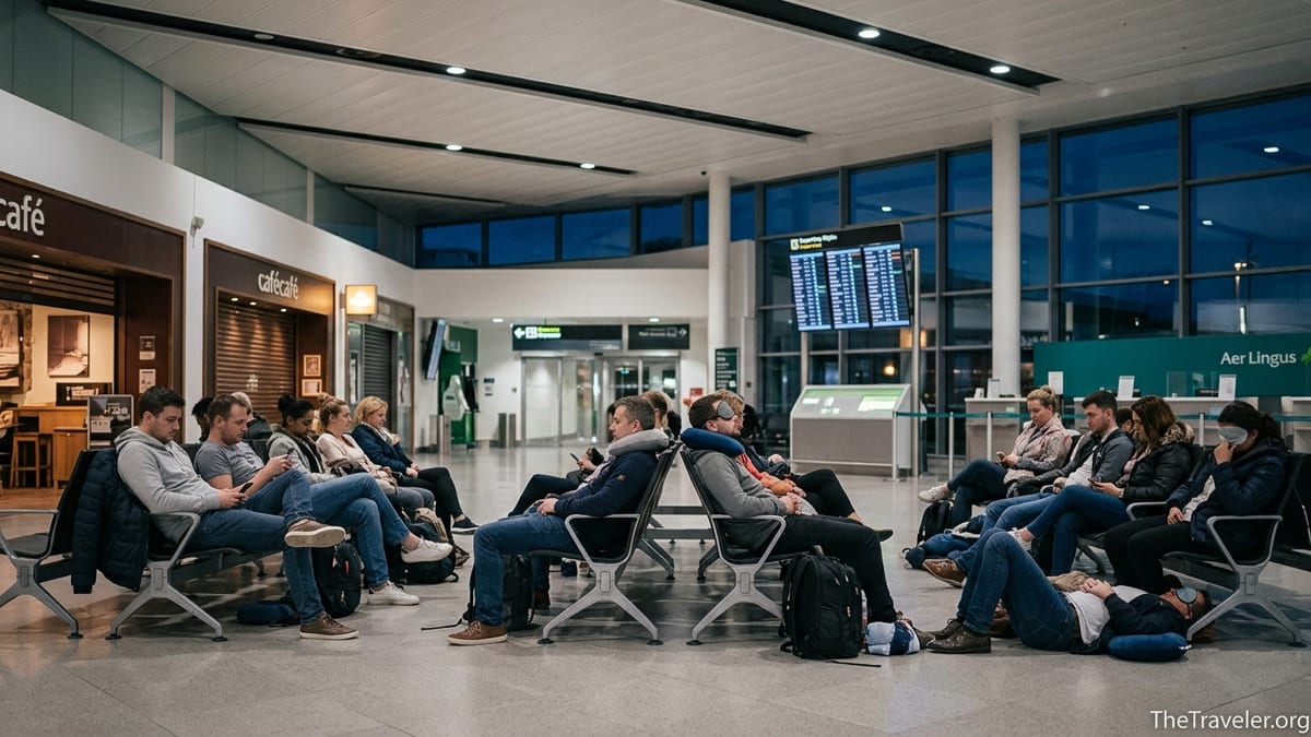 Travelers sleeping on benches overnight in Dublin Airport terminal before early flights.