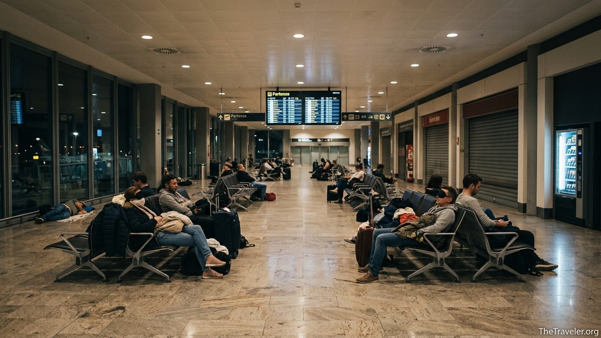 Travellers resting on benches at night inside Milan Malpensa Airport terminal
