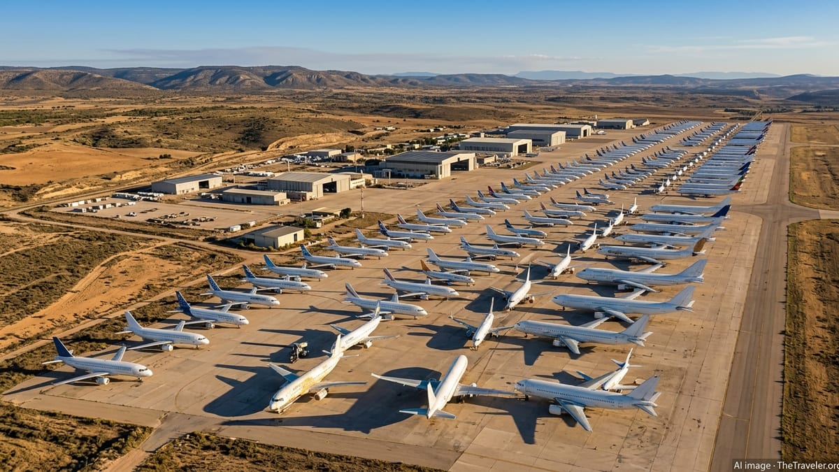Aerial view of Teruel Airport with rows of parked airliners in Spain’s semi‑arid landscape.