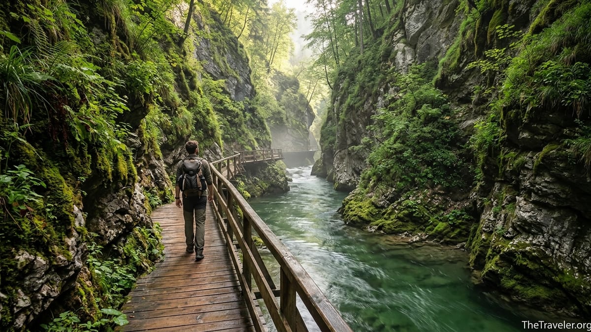 Hiker on wooden boardwalk above emerald river in a steep Slovenian gorge