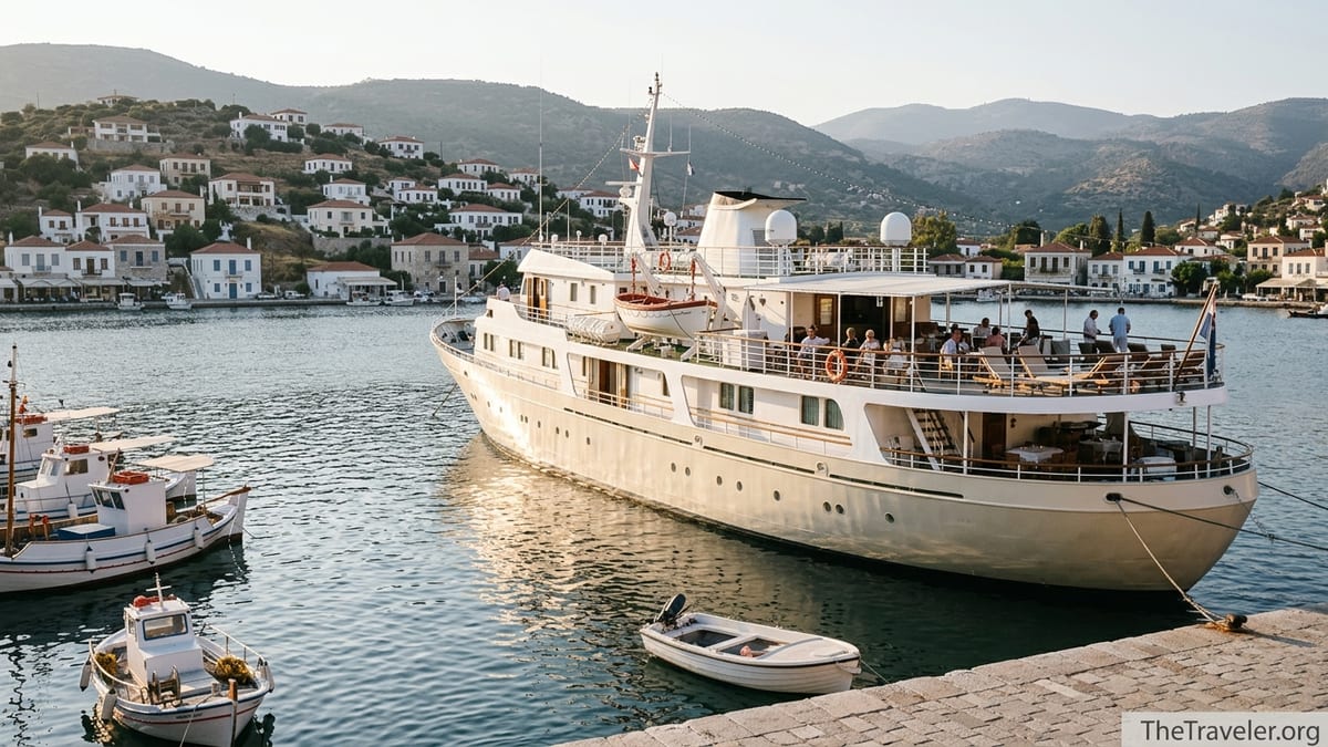 Small yacht-style cruise ship anchored off a quiet Mediterranean harbor with few passengers on deck.