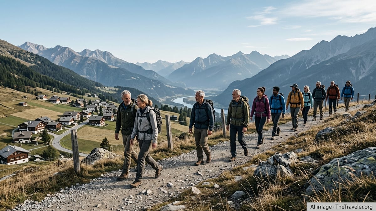 Small group of travelers hiking above an alpine village on a guided multi-day tour.