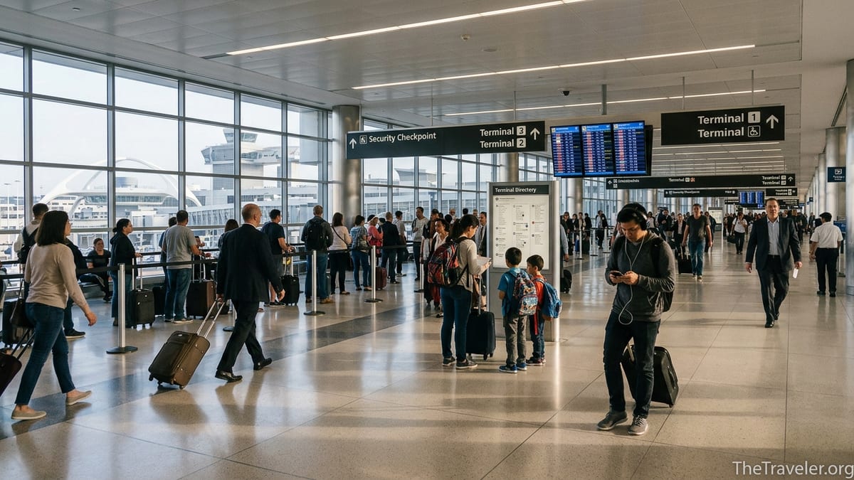 Busy security and departures area inside Los Angeles International Airport with travelers moving toward their gates.