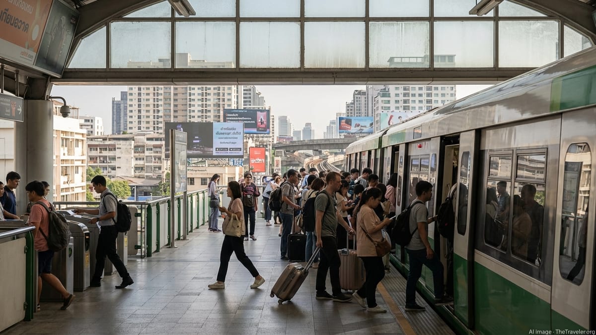 Travelers boarding a Bangkok Skytrain with city skyline in the background