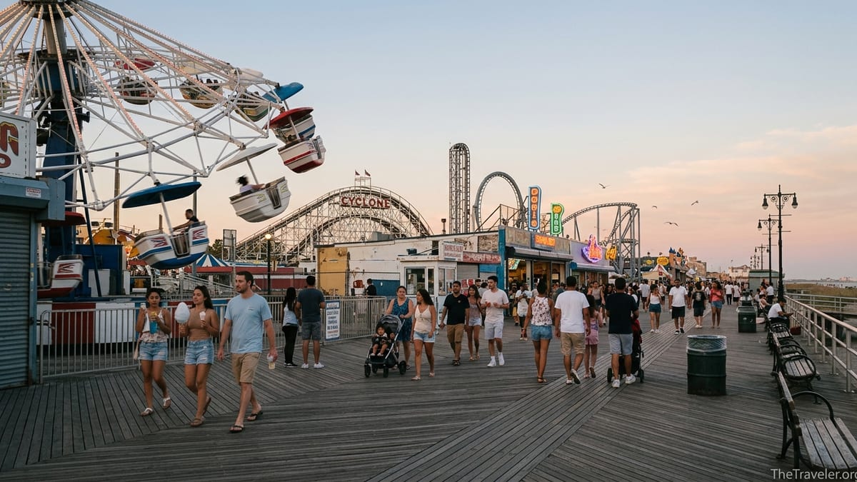 Early evening view of Coney Island boardwalk with Wonder Wheel, coasters and crowds in warm golden light.
