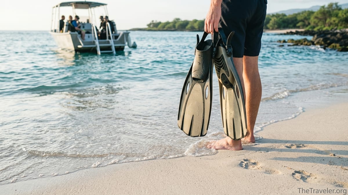 Traveler holding snorkel fins at a tropical shoreline with a dive boat offshore.