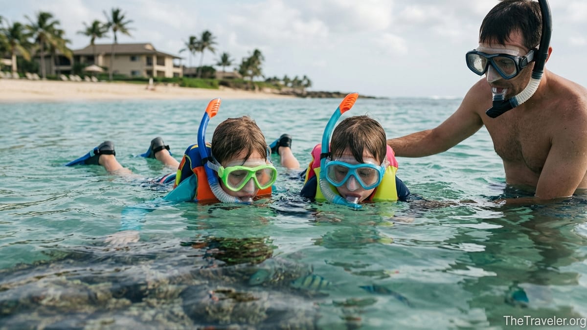 Two children snorkeling with kid-size masks, fins and vests near a tropical beach, watched closely by a parent.