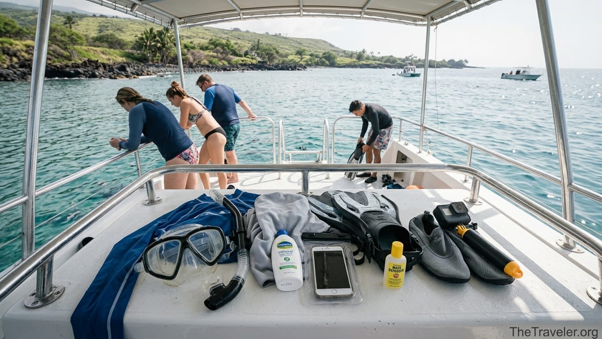 Snorkel gear laid out on a tour boat deck with clear tropical water and volcanic coastline in the background.