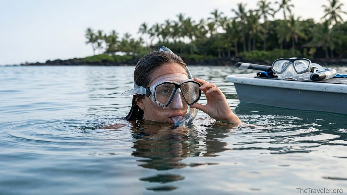Snorkeler at the surface adjusting a silicone skirt snorkel mask near a tropical shoreline.