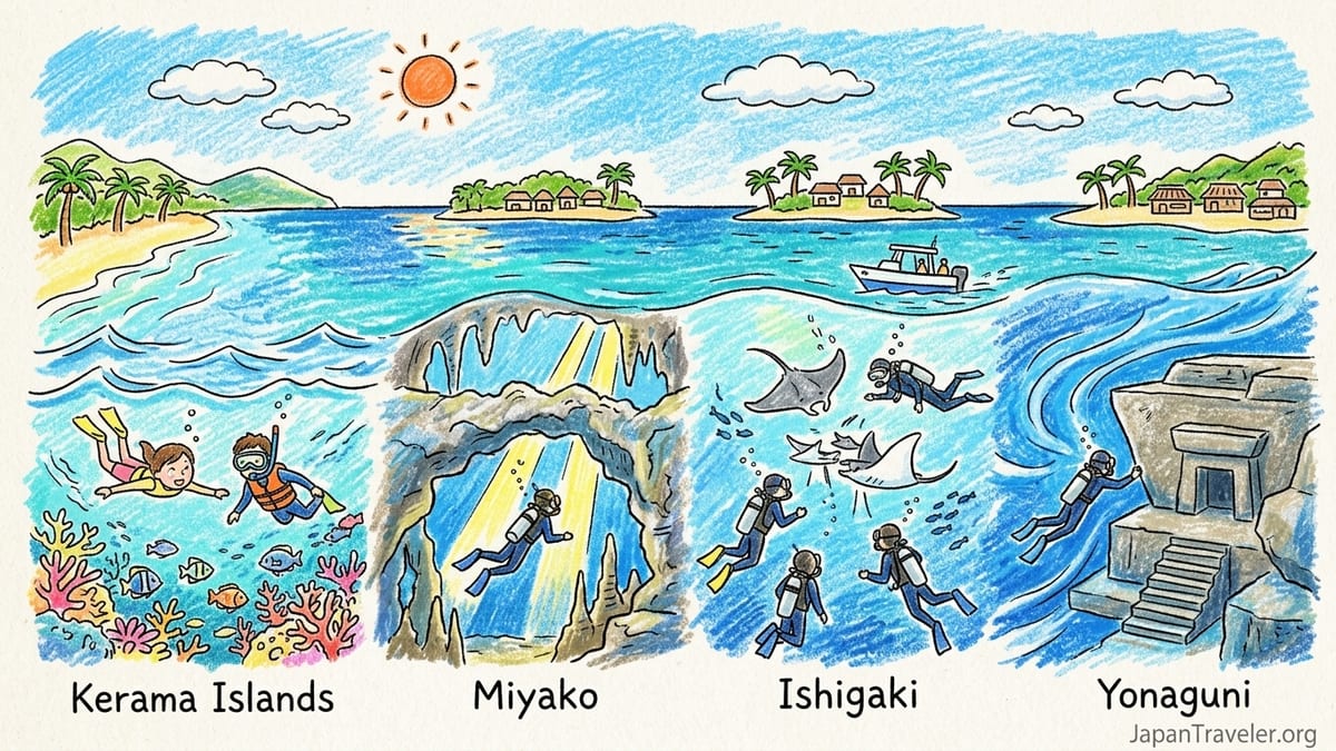 Snorkeler above a clear Ryukyu reef with a small dive boat in the distance