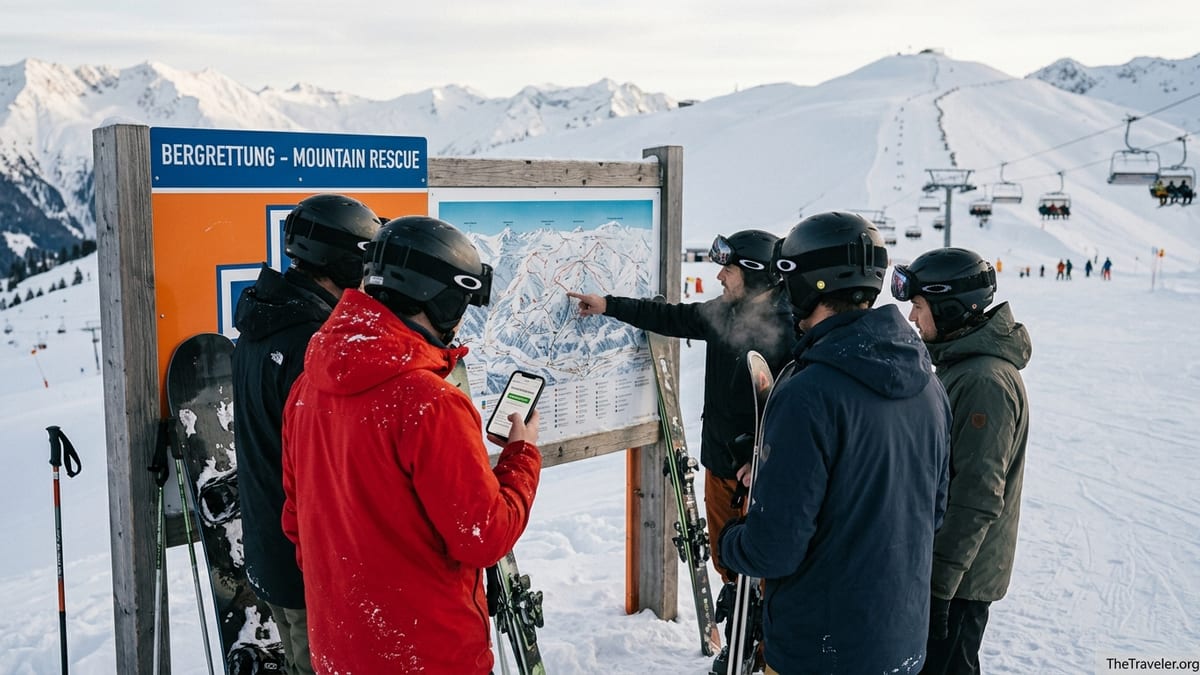Group of skiers reviewing trail map and insurance details at an alpine resort.