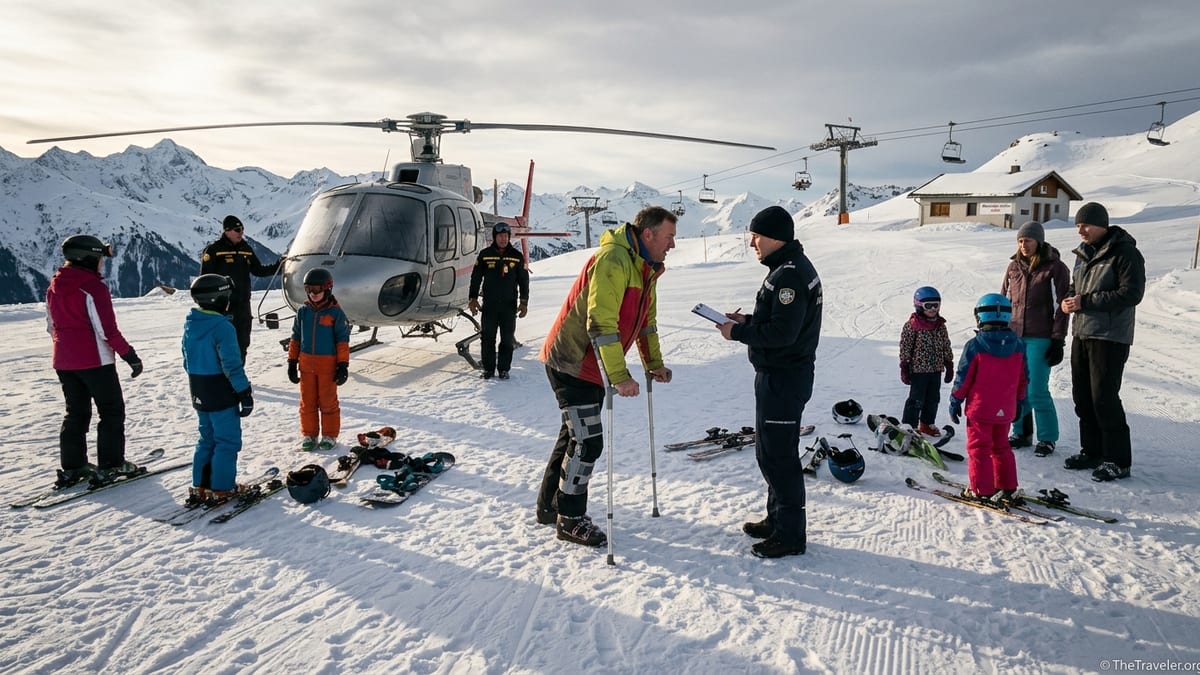 Skiers standing beside a rescue helicopter and ski patrol at an alpine resort.