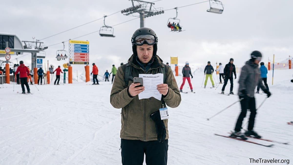 Skier checking travel insurance on phone beside a busy alpine ski piste