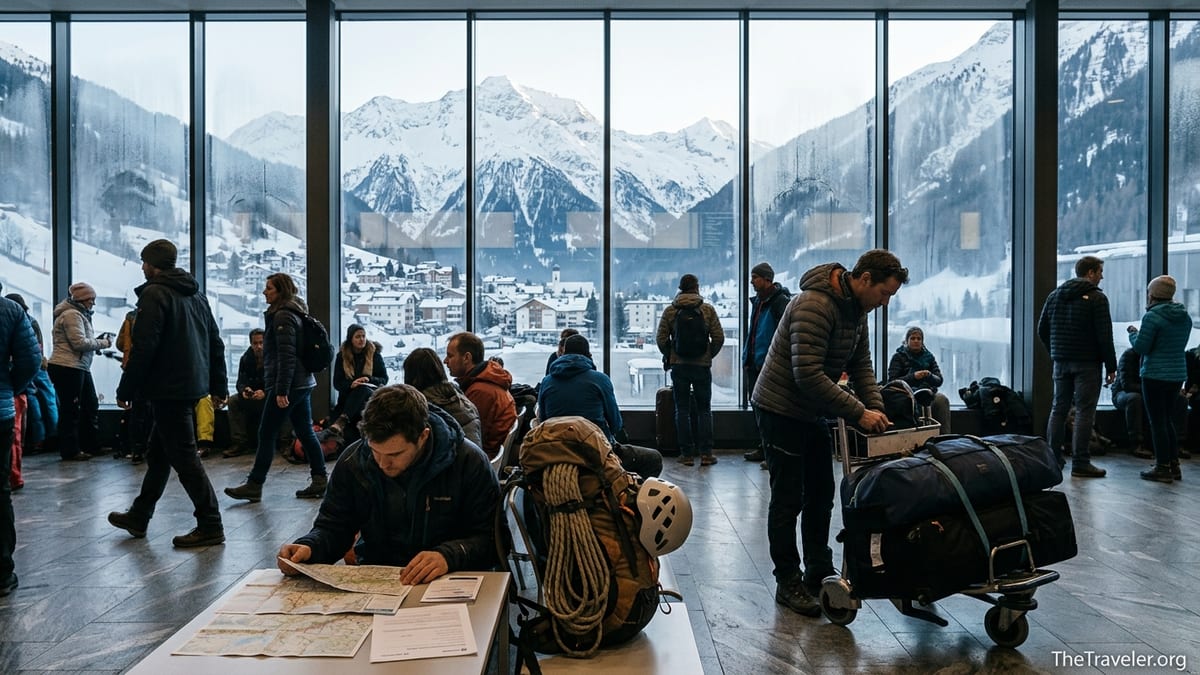 Travelers with ski and climbing gear in an alpine airport lounge overlooking snowy mountains.