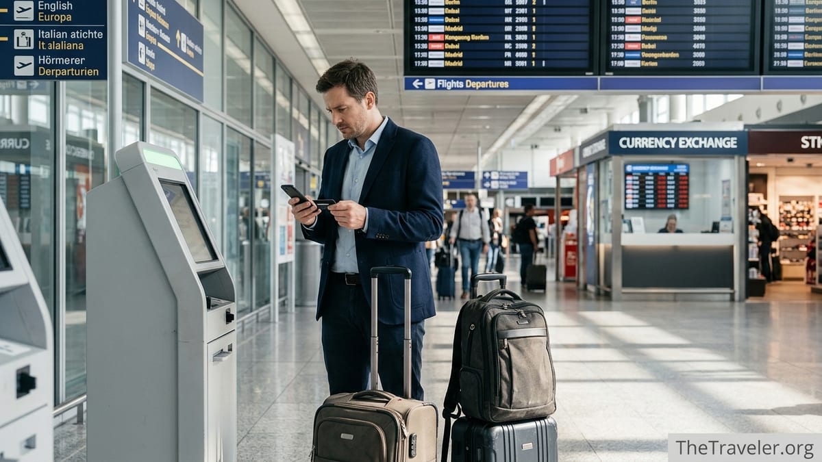 Business traveler checking Soldo card charges on phone in a busy international airport.