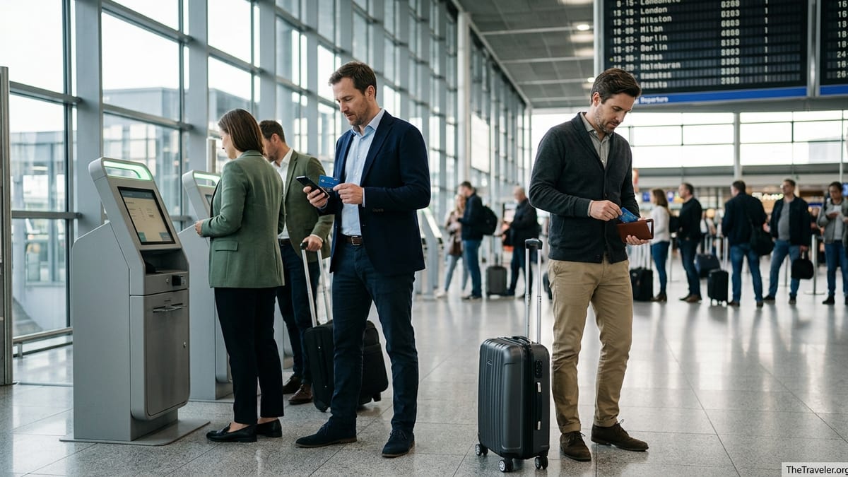 Business travelers using prepaid company cards at a bright European airport check-in area
