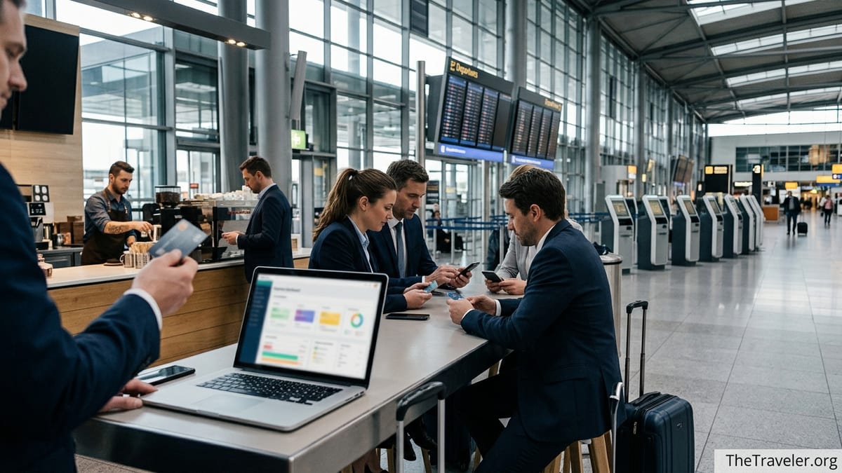Business travelers using corporate cards and laptops in a busy airport terminal.