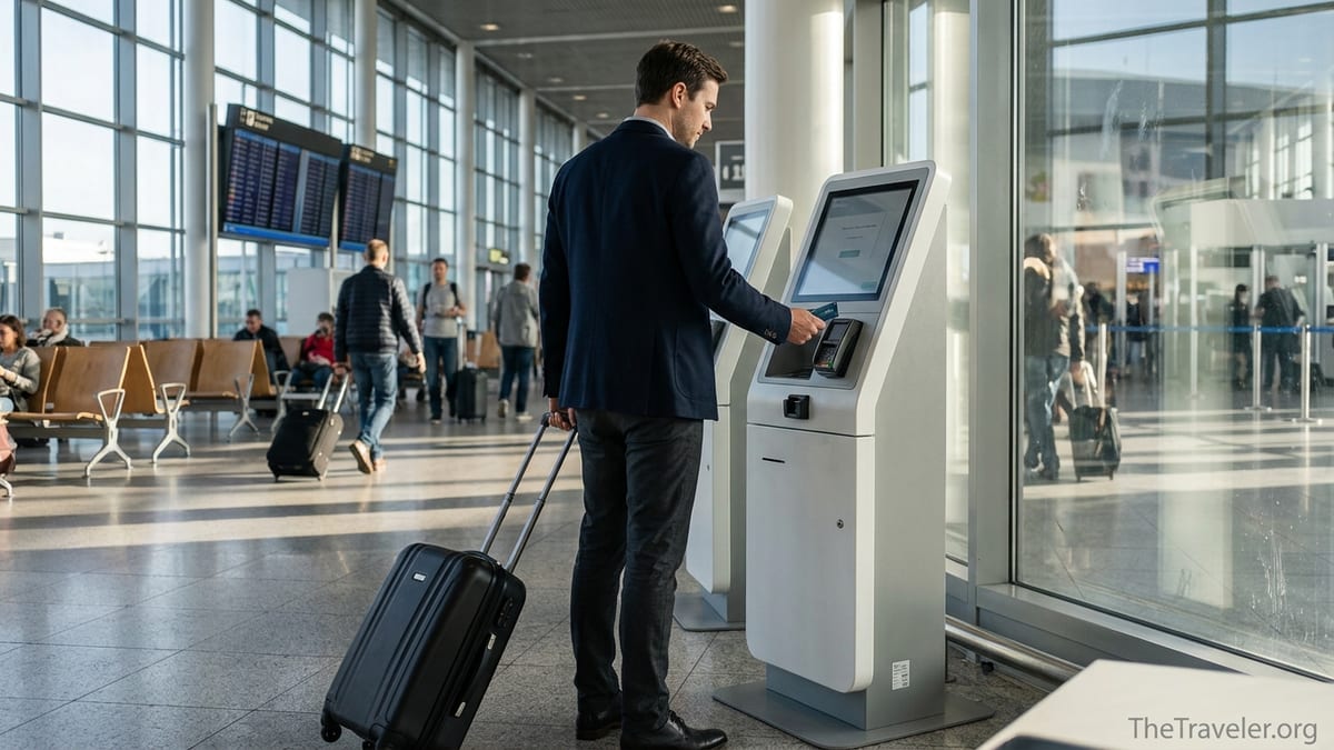 Business traveler paying with a corporate card at an airport self-checkout kiosk