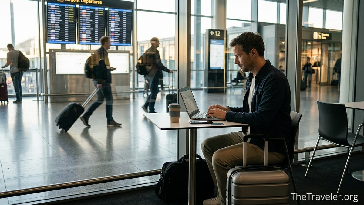 Business traveler in an airport using a prepaid card and app to manage trip expenses.