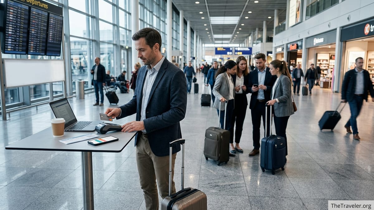 Business traveler using a prepaid card and app for expenses in a busy airport.
