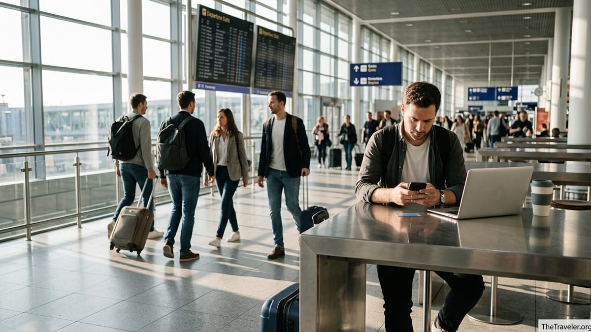 Business traveler reviewing expenses on a smartphone with a card in a busy airport terminal.
