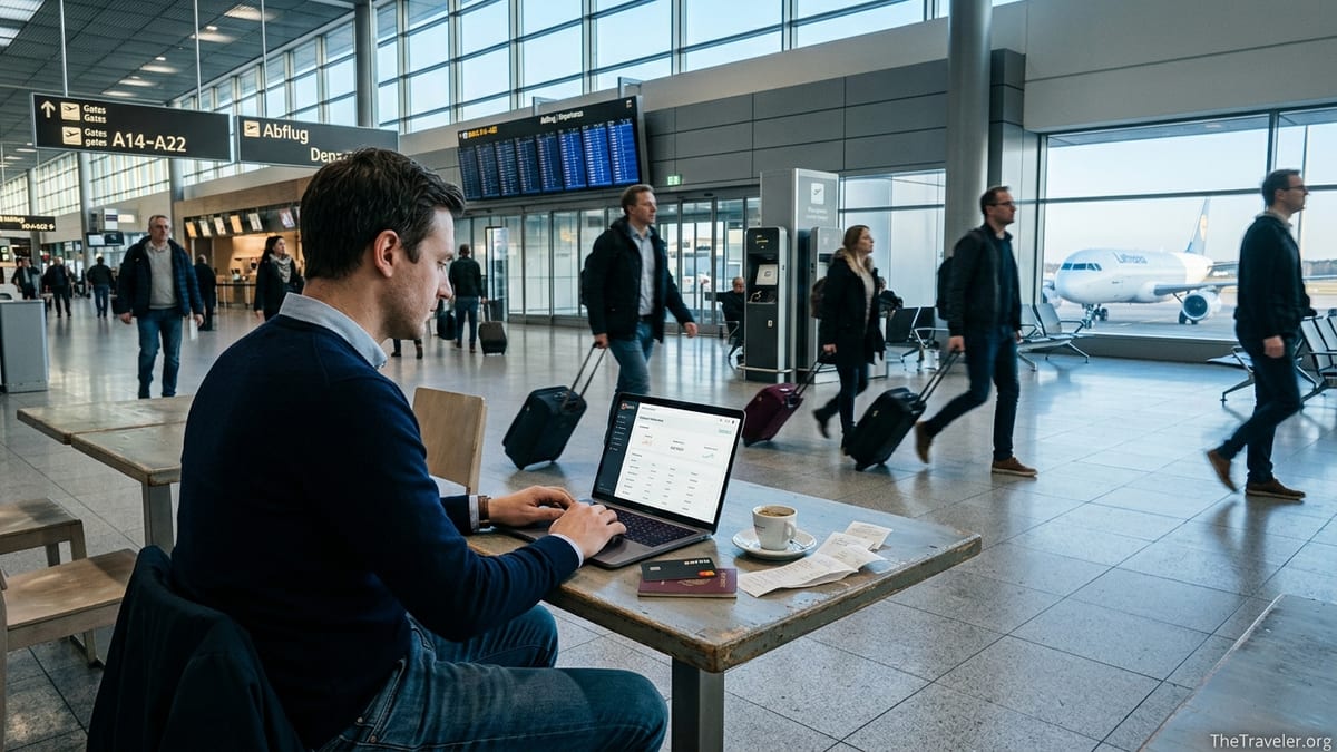 Business traveler in a European airport using a Soldo card and laptop to manage trip expenses.