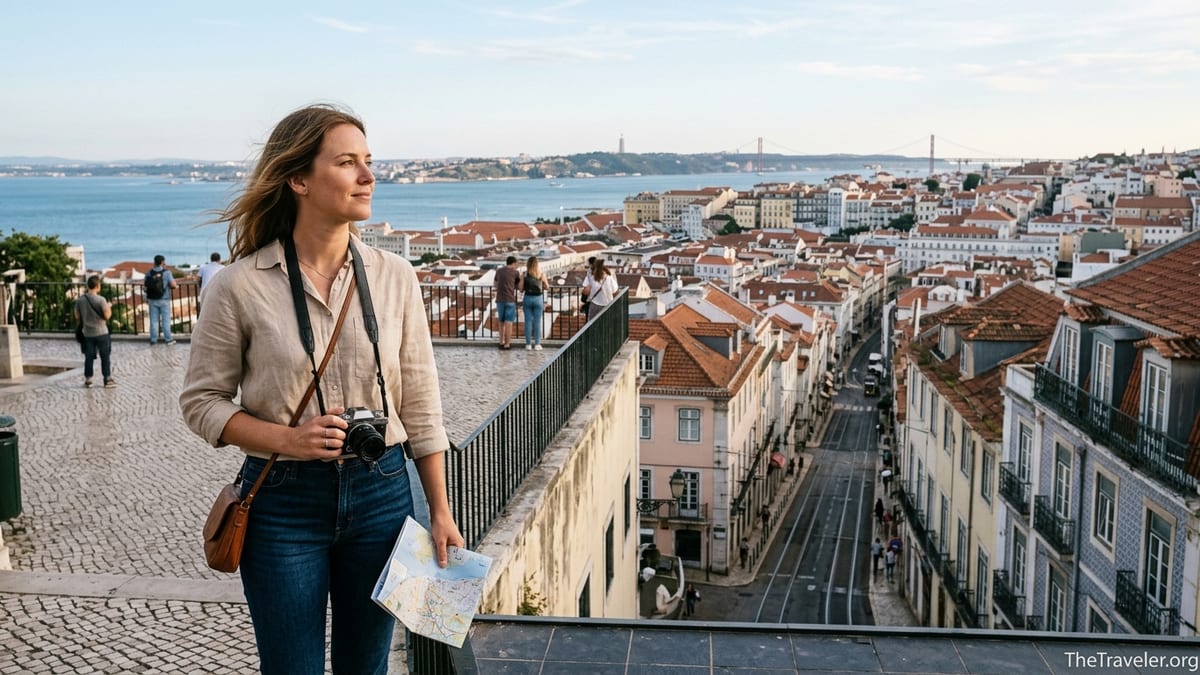 Solo female traveler overlooking Lisbon cityscape with river in soft afternoon light