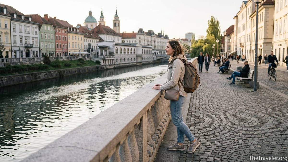 Solo woman traveler standing by a riverside promenade at sunset in a historic European city.