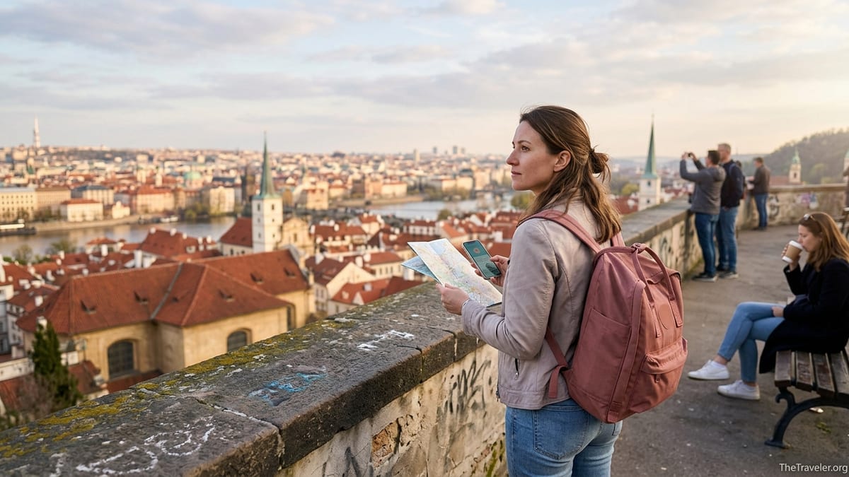 Solo female traveler with backpack overlooking a European city at sunset, pausing thoughtfully at a stone viewpoint.