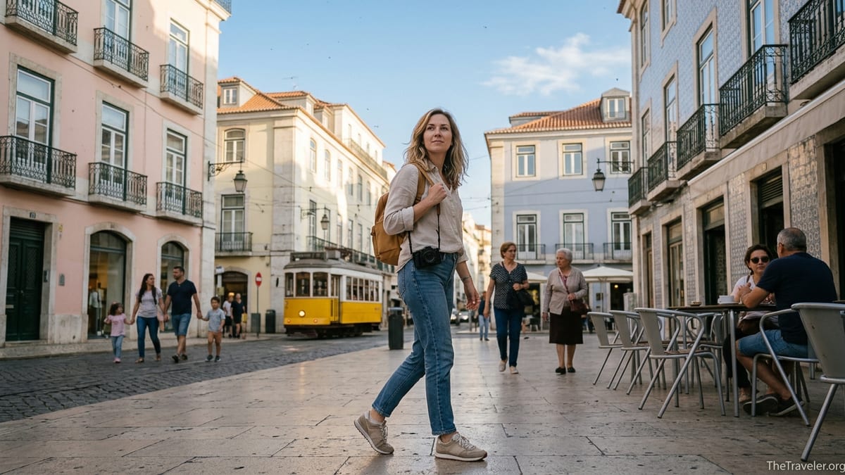 Solo female traveler walking confidently through a sunlit European city square with cafés and a passing tram.
