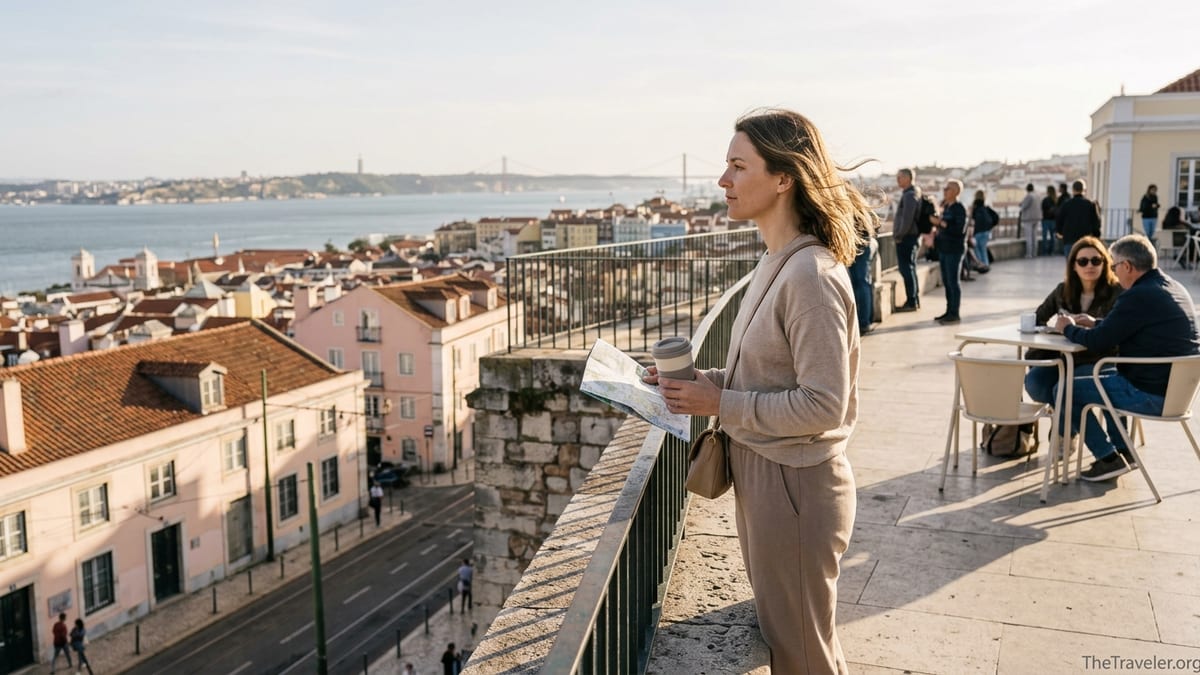 Solo female traveler in her thirties overlooking Lisbon rooftops at golden hour.