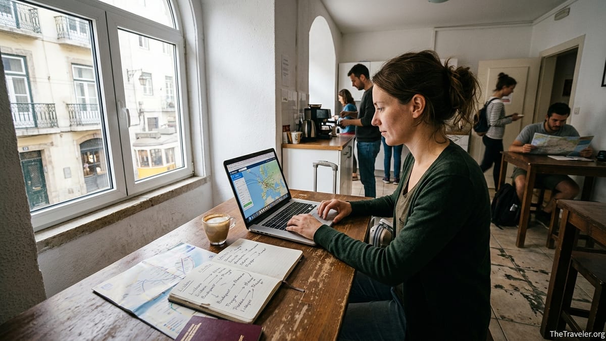 Solo traveler with laptop and maps planning a trip in a bright hostel common room.