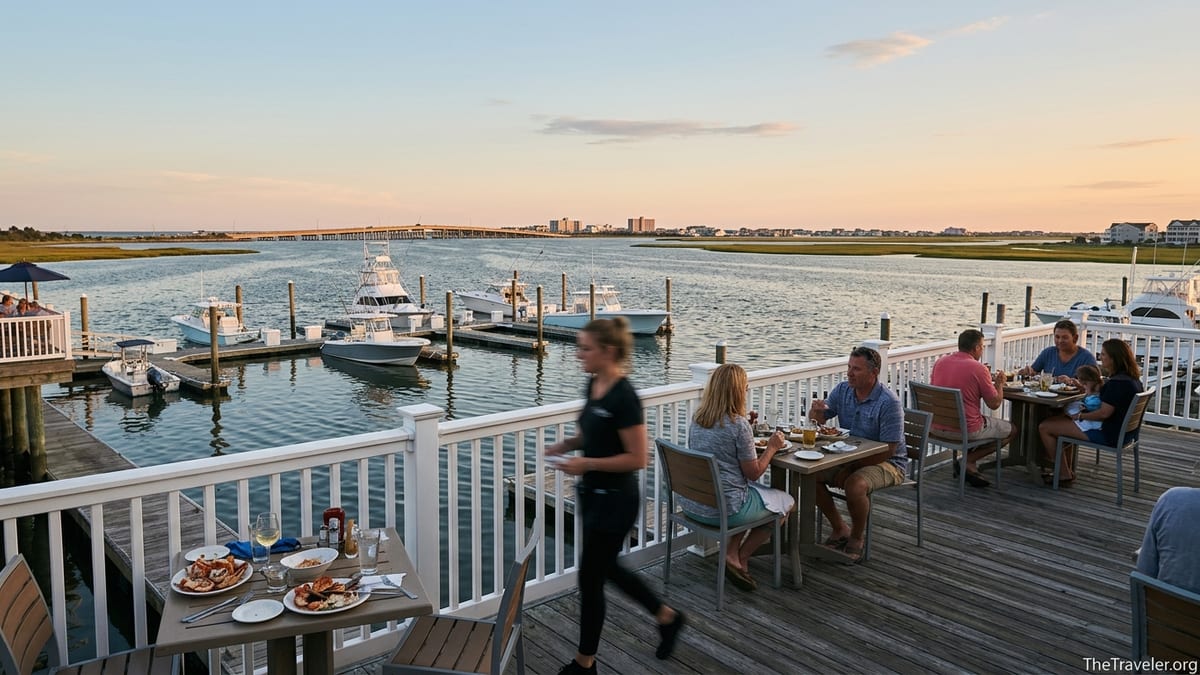 Bayfront restaurant deck in Somers Point overlooking marina and Great Egg Harbor Bay at golden hour.