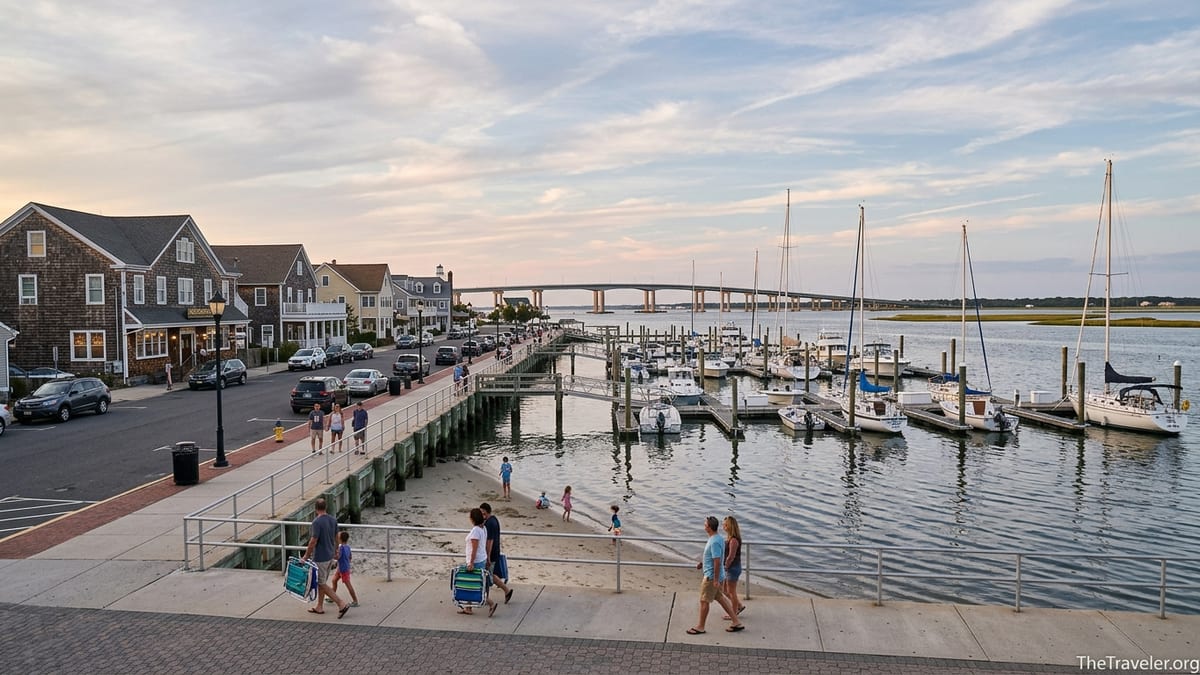 Somers Point New Jersey bayfront with marina, small beach and Route 52 bridge at sunset.
